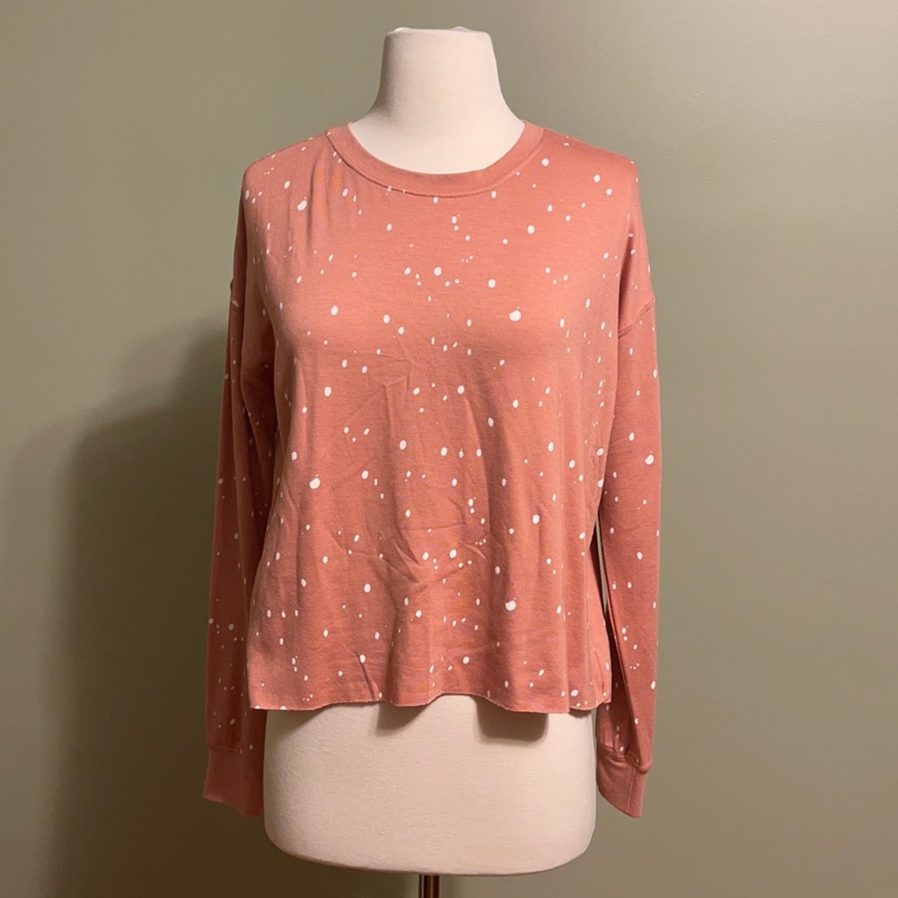 Thread & Supply Women’s XS Pink polka Dot Raw Hem Cropped Long-Sleeve Top